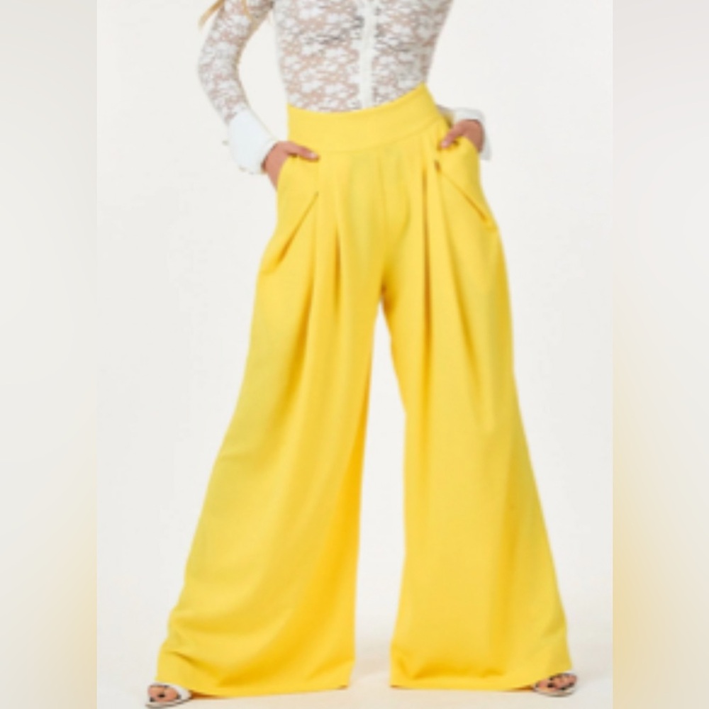 WOMEN'S ZIP UP PLEATED FRONT POCKETS WIDE LEG YELLOW PANTS